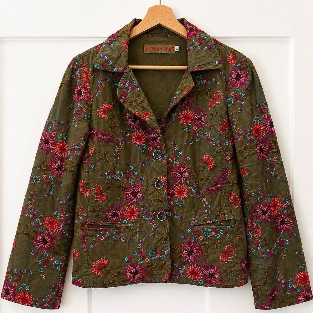 Johnny Was Embroidered Floral Jacket Olive Pink Boho Artsy Medium